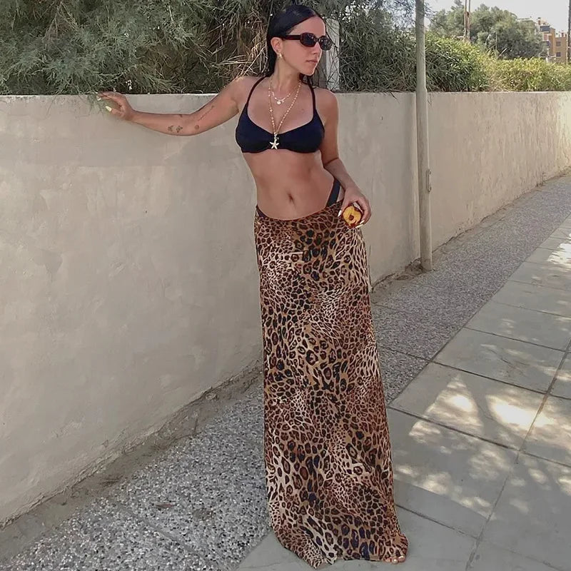 maoxiangshop  -  Women's Leopard Print Skirt Fashion Print Slim Loose Casual Skirt Autumn Streetwear High Waist Retro Long Skirt Outfits