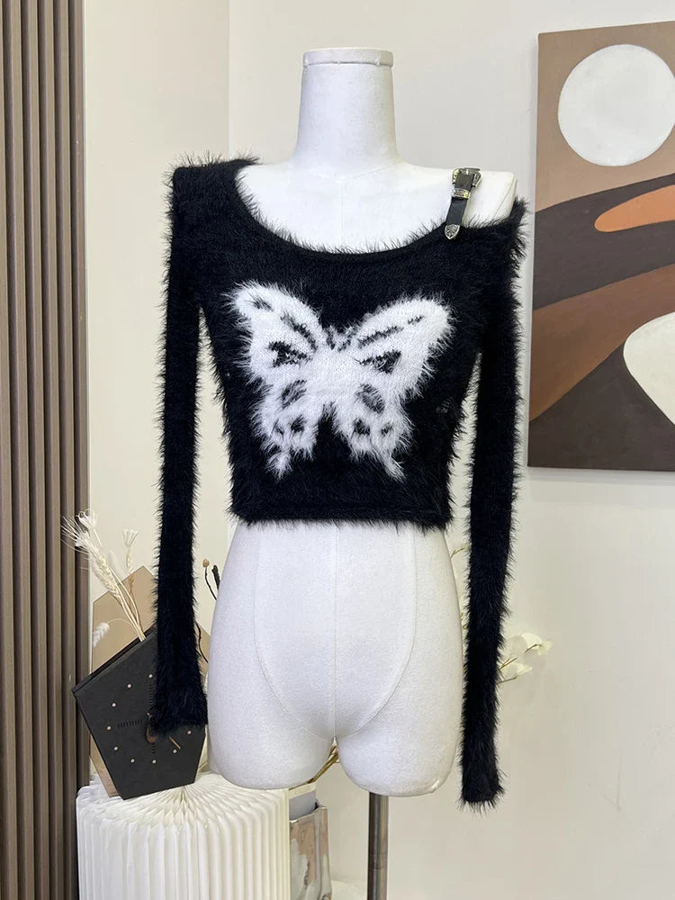 Autumn Woman Vintage Harajuku Fashion Gothic Crop Top Off Shoulder Jumper Tide O-Neck Fluffy Sweater Long Sleeve 2000s Aesthetic