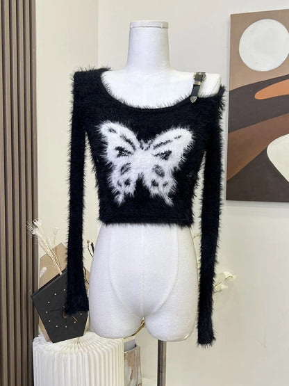 Autumn Woman Vintage Harajuku Fashion Gothic Crop Top Off Shoulder Jumper Tide O-Neck Fluffy Sweater Long Sleeve 2000s Aesthetic