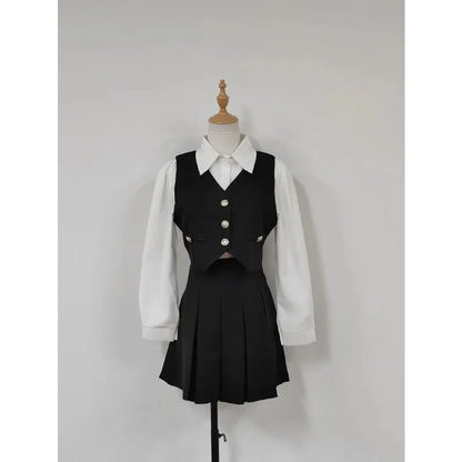 maoxiangshop Japanese Preppy Style Three Piece Sets Women Black Vintage Vest + +White Casual Blouse +Mini Pleated Skirt Female Chic Clothes