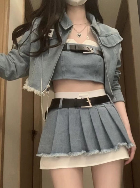 maoxiangshopHikigawa Chic Fashion Women Streetwear Y2k Denim Jackets+Sexy Strapless Tube Tank Top+HIgh Waist Pleated Mini Skirts 3 Set Mujer