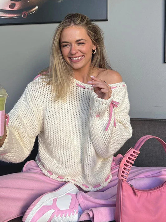maoxiangshop  -  Casual Knitted Bow Contrast Women's Sweater Loose O-neck Long Sleeve  Pullover 2024 Autumn Winter Sweet All-match Lady Sweater