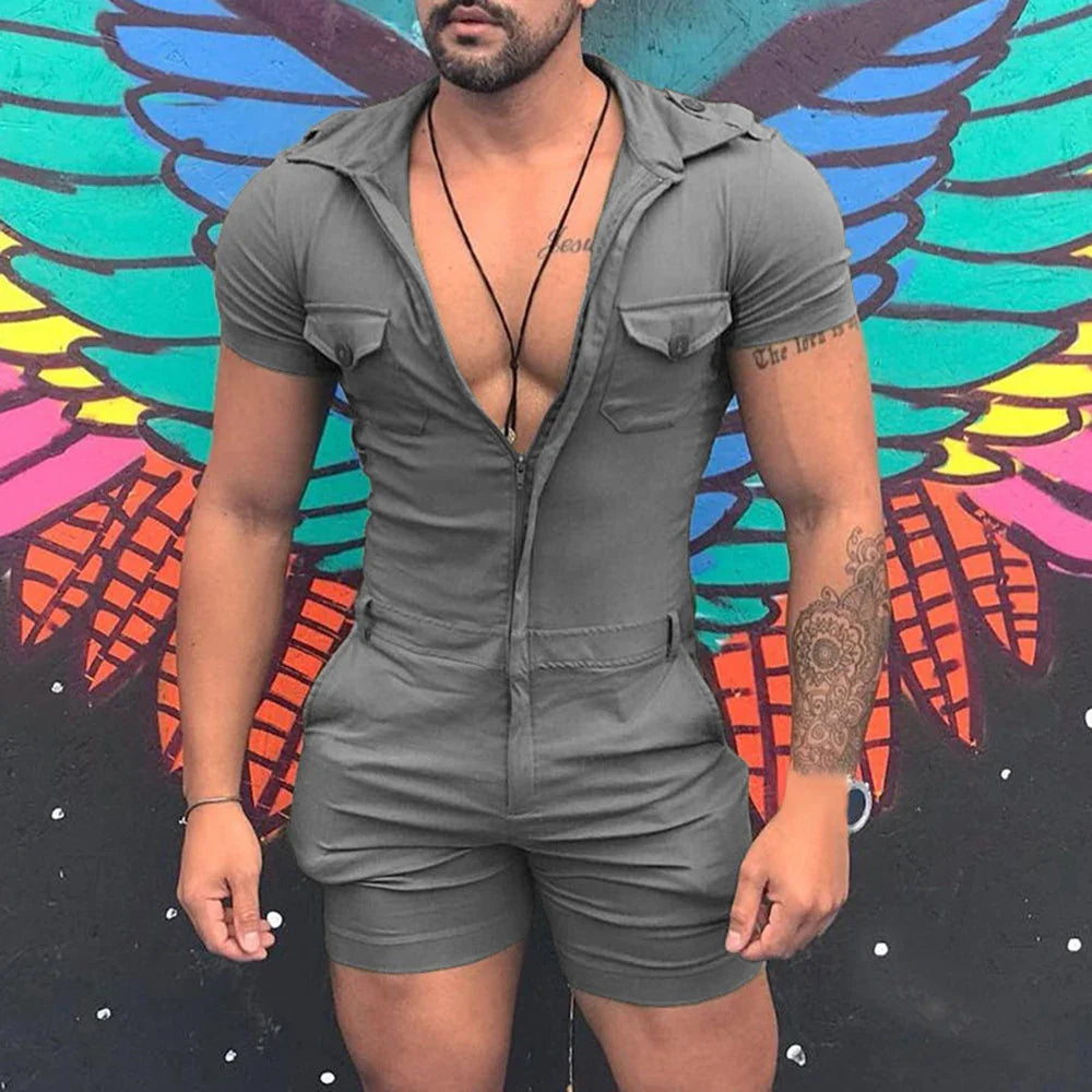 maoxiangshop Fashion Jumpsuits for Men  Summer Clothing Solid Color Short Sleeve Overalls Casual Street Wear Work Male Cargo Y2K Clothes