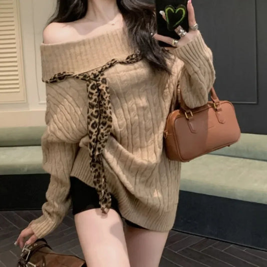 maoxiangshop  -  2024 Autumn Woman's Tops Sweet Korean Bow Harajuku Soft Sweater Pullover Y2K Off The Shoulder Fashion Casual Loose Knitwear Top