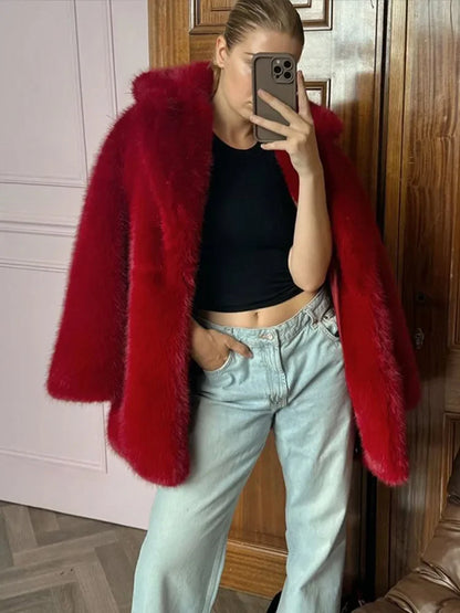 maoxiangshop  -  Red Faux Fur Jacket Women Lapel Full Sleeves Single Breasted Female Jackets 2024 Autumn Winter Fashion Casual Warm Lady Coats