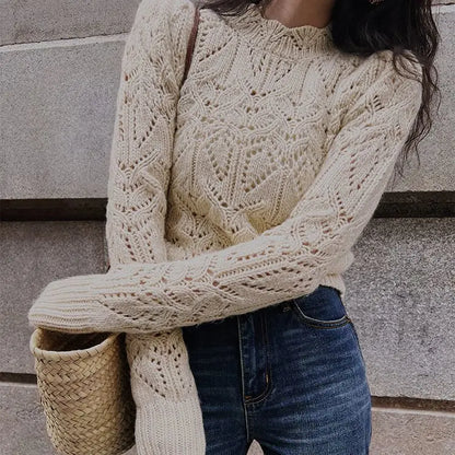 maoxiangshop Pullovers Women Classic Hollow Out Spring Gentle Cozy Casual Office Lady Popular Temperament French Style Knitwear Vintage Daily