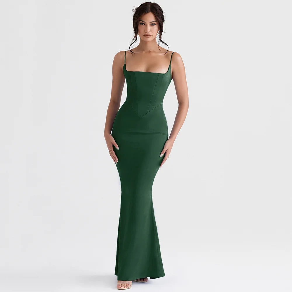 Spaghetti Strap Green Prom Dress Sexy Maxi Bodycon Evening Night Party Dresses with Lining Female Wome Dresses