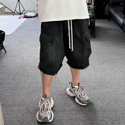 maoxiangshop Style Ribbons Streetwear Multi-pockets Cargo Short for Men Elastic Waist Wide Leg Baggy Jeans Knee Length Pants Loose Overall