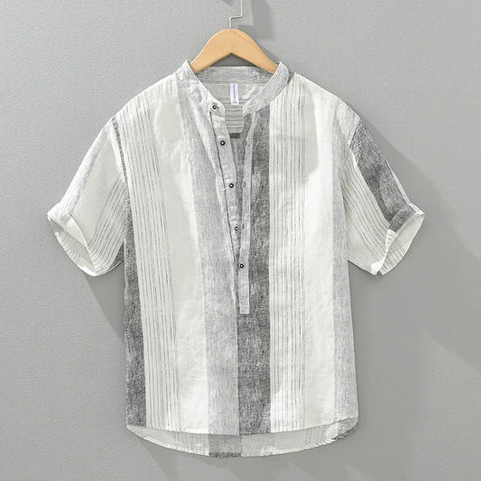 maoxiangshop 2024 Summer New 100%Linen Pullover Short Sleeve Shirts for Men Fashion Striped Casual Loose Shirts