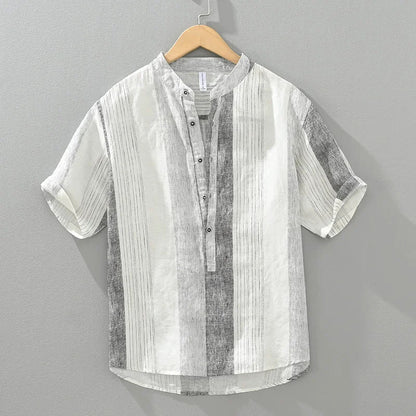 maoxiangshop 2024 Summer New 100%Linen Pullover Short Sleeve Shirts for Men Fashion Striped Casual Loose Shirts
