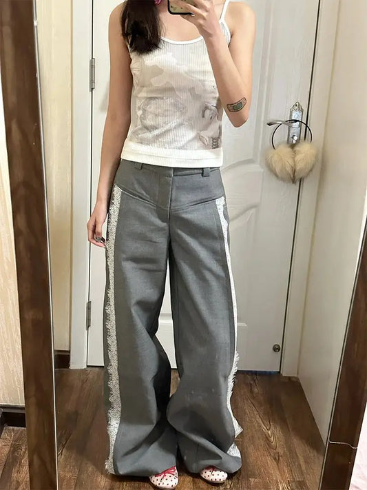 Y2k Vintage Lace Suit Pants Patchwork Woman Baggy Slacks Oversized Korean Style Elegant Office Trousers Old Money Spring