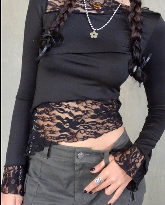 maoxiangshopAbsobe Lace Asymmetrical Patchwork Crop Top Women Crew T-shirt Petal Sleeve Sheer Versatile Slim Tee Hottie Outfit Streetwear