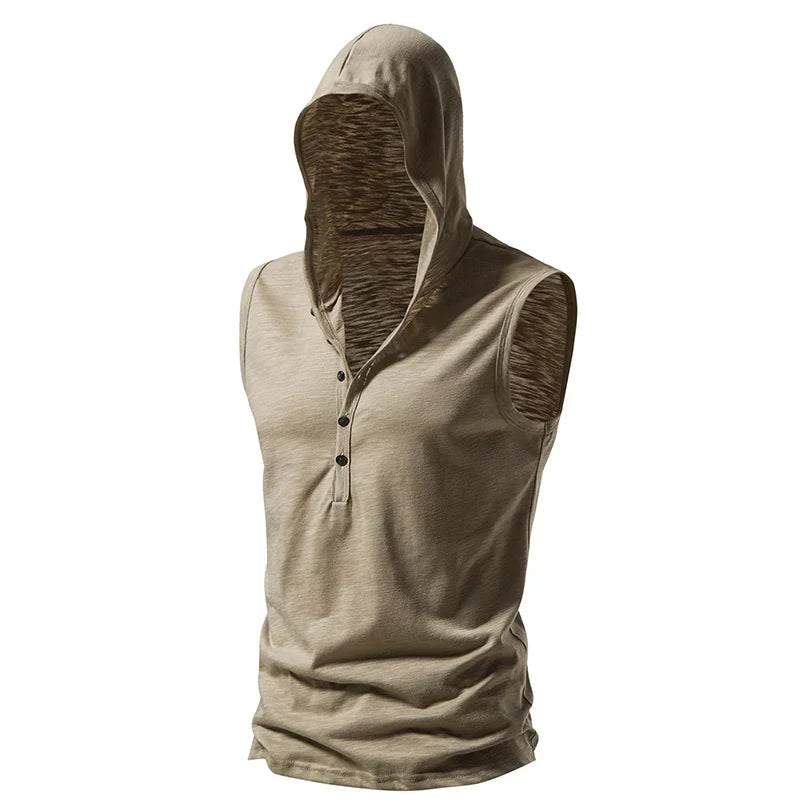 maoxiangshop Summer Men's Hooded Shirts Casual Tank Tops Cotton T-shirt Thin Quick-drying Fitness Sports V-neck Multiple Buttons Tops