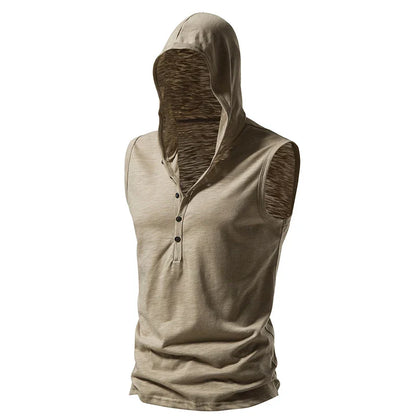 maoxiangshop Summer Men's Hooded Shirts Casual Tank Tops Cotton T-shirt Thin Quick-drying Fitness Sports V-neck Multiple Buttons Tops