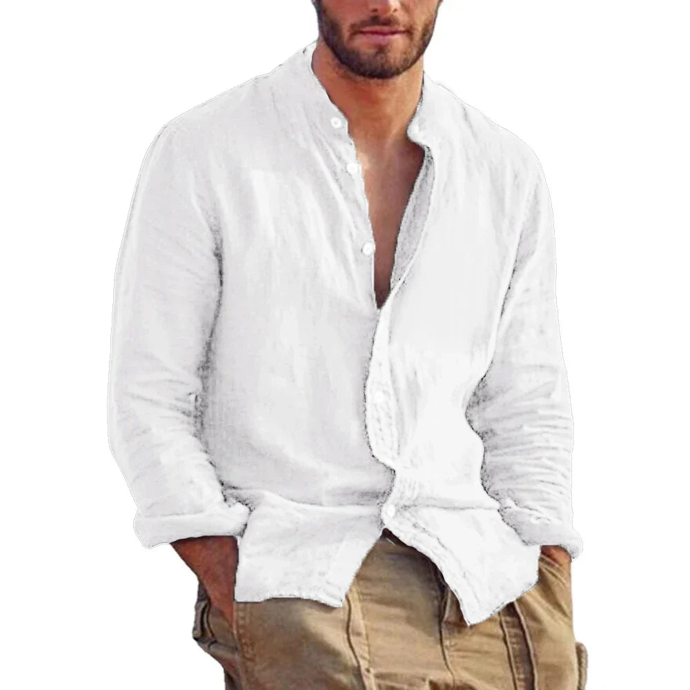 maoxiangshop New Men's Solid Color Long Sleeve Shirt Linen Cotton Shirts Trend Plus-size Stand Collar Casual Lightweight Beach Tops
