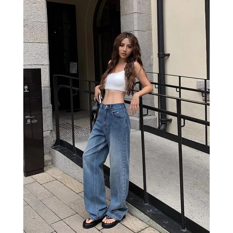 maoxiangshop Blue Women Jeans High Waist Fashion American Vintage Streetwear Y2K NEW Wide Leg Jean Female Denim Trouser Baggy Denim Pants