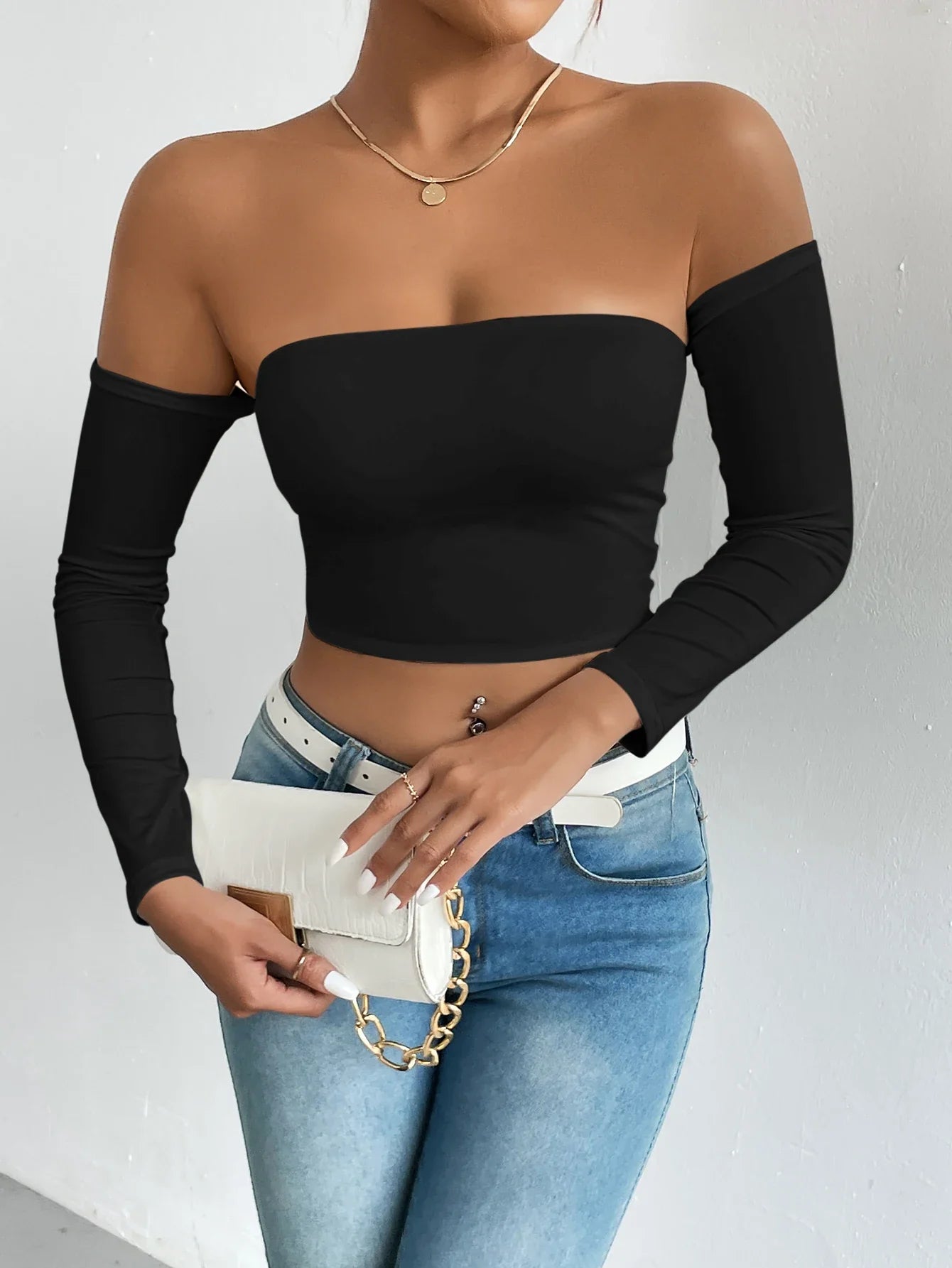 maoxiangshop Off Shoulder Crop T-Shirt, Casual Long Sleeve Top For Spring & Fall, Women's Clothing