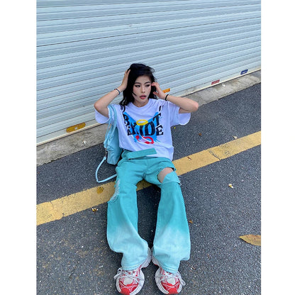 maoxiangshop  -   Blue Jeans Women Belt High Waist American Wide Leg Pants Y2K Style Fashion Streetwear Female Pants Autumn Straight Trousers