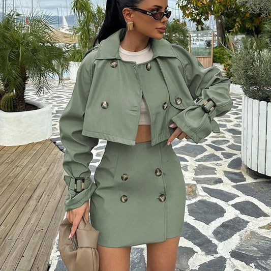 maoxiangshop  -  Short Jacket Skirt Two-Piece Set For Women Retro Button Slim Splice Mini Skirt Female Autumn Streetwear Matching Sets