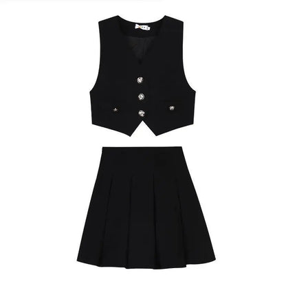 maoxiangshop Japanese Preppy Style Three Piece Sets Women Black Vintage Vest + +White Casual Blouse +Mini Pleated Skirt Female Chic Clothes