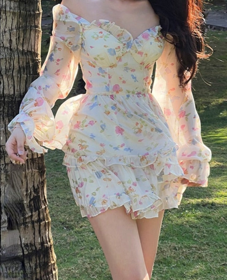 maoxiangshop Casual Beach Party Mini Dress Women Summer Elegant Floral Long Sleeve Fairy Dress Female Y2k Korean Fashion Chic Sexy Dress