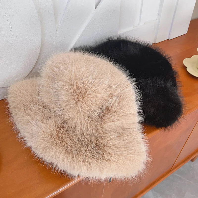maoxiangshop  -  Y2K Fluffy Faux Fur Bucket Hat Women Winter Warm Thick Plush Ear Warmer Panama Fisherman Cap Lady Luxury Elegant Party Basin Hat