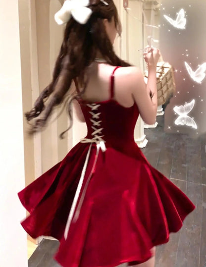 French Elegant Red Party Velvet Mini Dress Women Fashion Patchwork Princess Vestidos Female Spring Autumn Graduation Clothes