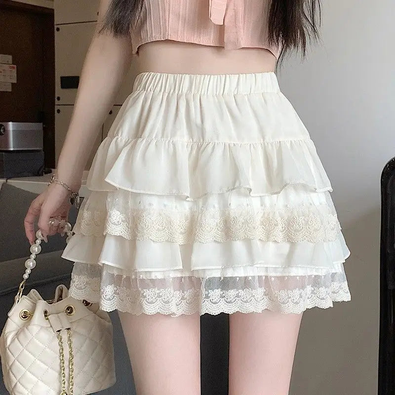 White Lace Pleated Skirt Women Japanese Kawaii Clothing Lace Cake Mini Skirts Even Party Clothing Summer Beach Style