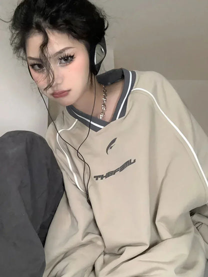 maoxiangshop2 Vintage V Neck Sweatshirt Women Korean Fashion Streetwear Kpop Pullover Casual Harajuku Grunge Cotton Top Autumn Winter