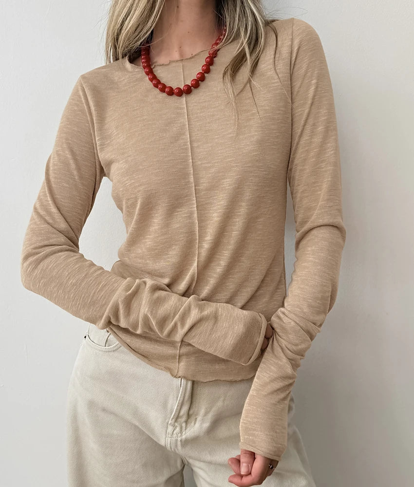 maoxiangshop  -  White Pleated Knitwear Tees Women Round Neck Inner Solid Slim Basic Tees Autumn Winter 2024 Office Lady Pullover Top