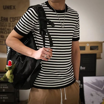 maoxiangshop Striped T-shirts Men Panelled Leisure American Style High Street Cozy Daily Versatile Hipster Classic Outdoor Summer Breathable