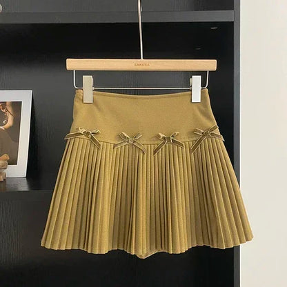 maoxiangshop Preppy Style Mini Skirt Women High Waist A-line Bow Female Pleated Skirts with Shorts Korean Fashion Autumn Skirts