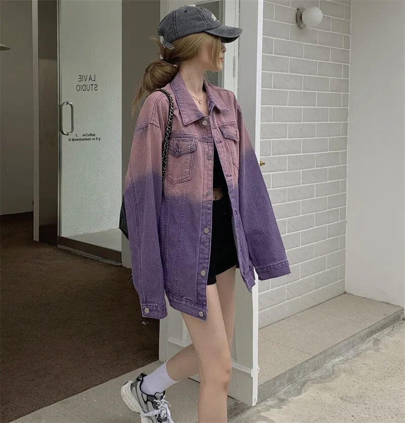 maoxiangshop Purple Ombre Denim Jacket for Women Oversized Jean Jacket Y2K Grunge Autumn Winter