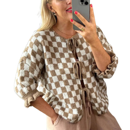 maoxiangshop  -  Women's Tie Front Knitted Cardigan New Style 2024 New Checkered Half Sleeve Sweater Casual Autumn Winter Cardigan Knitwear