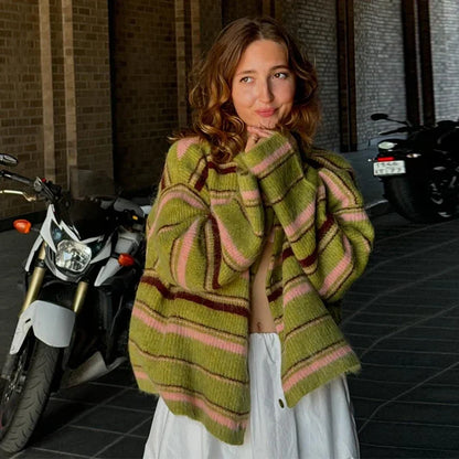 maoxiangshop  -  Elegant Stripe V Neck Women Sweater Single Breasted Loose Knitted Lady Cardigan 2024 Autumn Elegant Full Sleeve Female Coat