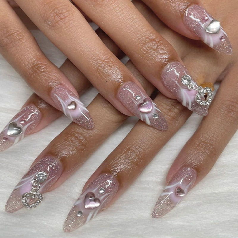 24pcs Bridal Nail Art tips with design press on nails long false nails glue coffin nail tips Rhinestones Glitter stick on nails