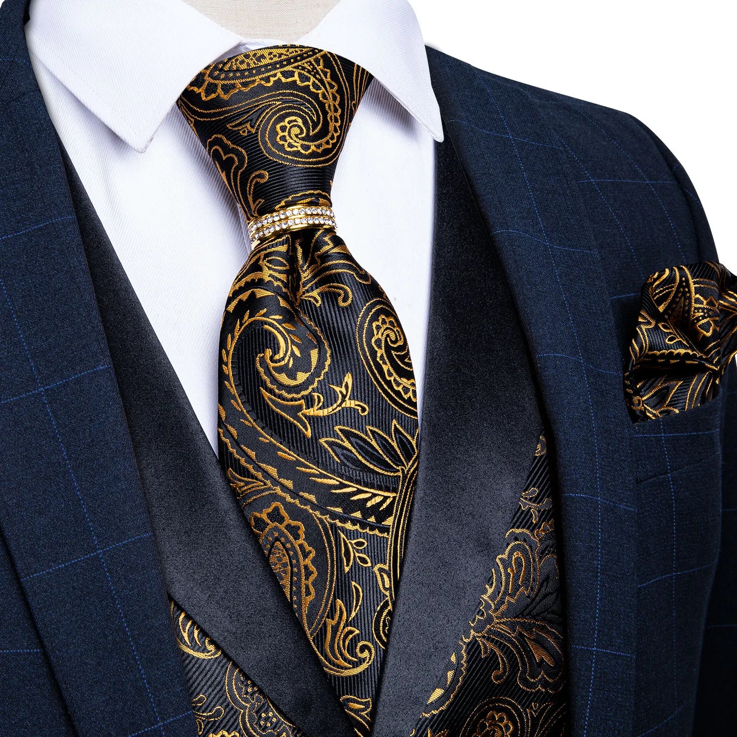 maoxiangshop Brand Suit Vest Set For Men Luxury Silk Black Gold Paisley Dress Vest Tie Cufflinks Handkerchief Set Male Sleeveless Waistcoat