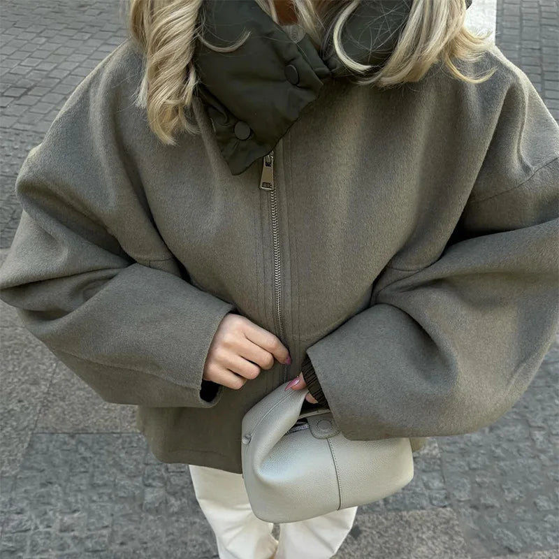 maoxiangshop  -  Zipper Panelled Women's Jackets With Hoodies Casual Drawstring Long Sleeved Jacket Female Autumn Winter Short Loose Outwear Tops