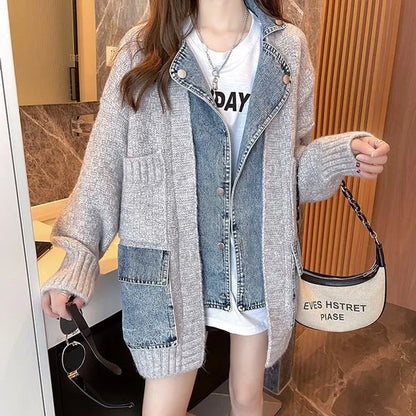 2023 Spring Autumn Denim Patchwork Loose Lazy Style Thickened Clothes Knitted Sweater Coat Cardigan Top Women