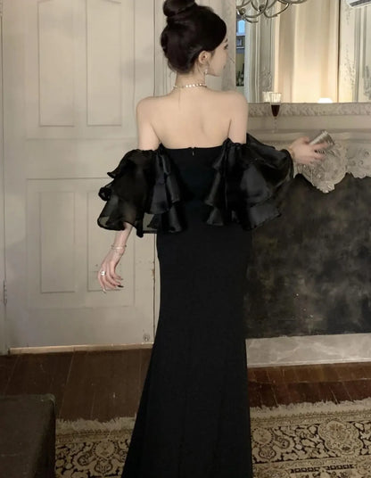 Fashion Sexy Black Party Prom Dresses Elegant Slim Waist Split Runway Robe Women Spring Summer Off Shoulder Vestidos Clothes