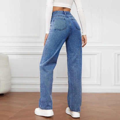 maoxiangshop Denim Jeans Women Straight Pants Washing High Waist Loose Pockets Basics Ankle Length Y2k Blue Pants Streetwear Slight Strech