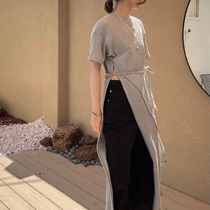 Y2K Dress Women Solid Bandage Asymmetrical Side Slit Chic Midi Dress Streetwear Simple Lace Up Casual A Line Slim Sundress