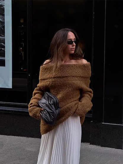 maoxiangshop  -  Women Chic Solid Off Shoulder Loose Knitted Pullover Fashion Long Sleeve Warm Sweater 2024 Autumn Lady New Casual Knitwear Top