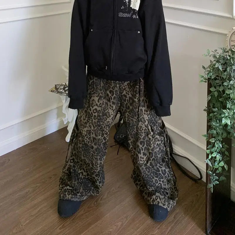 maoxiangshop Tan Leopard Cargo Pants Men Y2K Parachute Oversize Wide Leg Trousers Male Streetwear Hip Hop Harajuku Animal Print