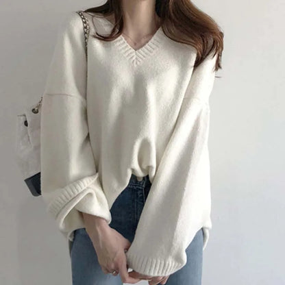 White Knitted Sweaters Women Autumn Winter Pullovers Female Korean Fashion Long Sleeve Knitwear Tops Elegant Loose V-Neck Jumper