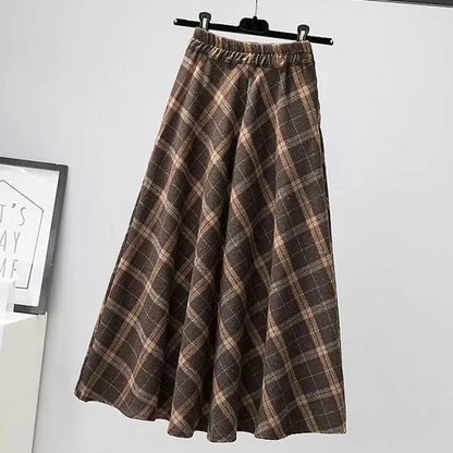 maoxiangshop Autumn Winter Woolen Skirt Women Korean Style Thick High Waist Long Skirt Woman A Line Pleated Plaid Skirt Female