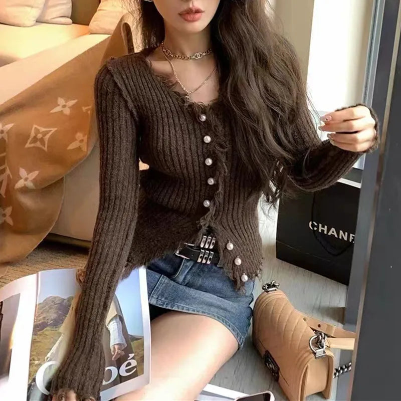 Women Sweater Cardigans Autumn Winter Tassel Knitted Korean Slim Long Sleeve Elegance Casual Hotsweet Y2K Top Solid V-neck New