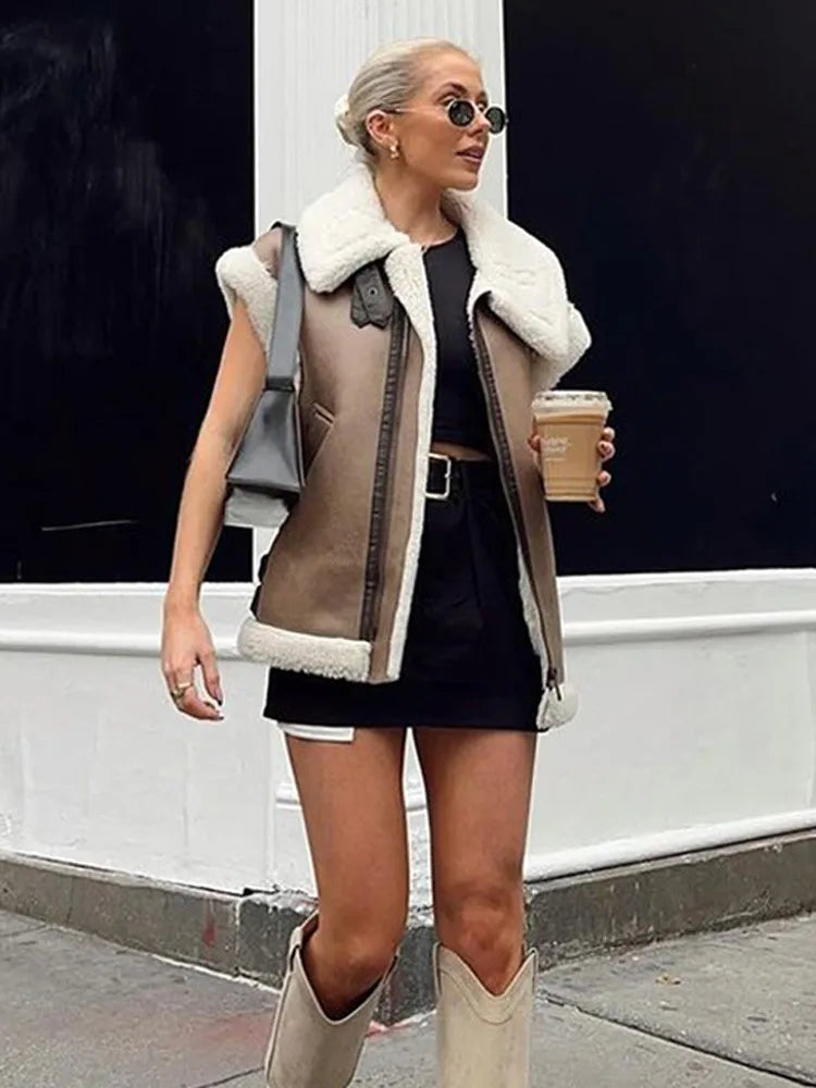 maoxiangshop  -  Winter Pocket Zipper Vestidos Female Sleeveless Lapel High Waist Patchwork Contrast Slim Outwear For Women V-Neck Vestidos
