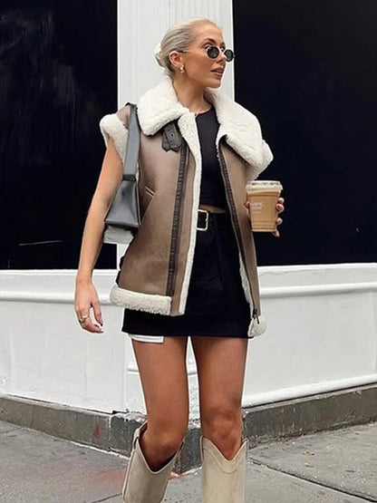 maoxiangshop  -  Winter Pocket Zipper Vestidos Female Sleeveless Lapel High Waist Patchwork Contrast Slim Outwear For Women V-Neck Vestidos