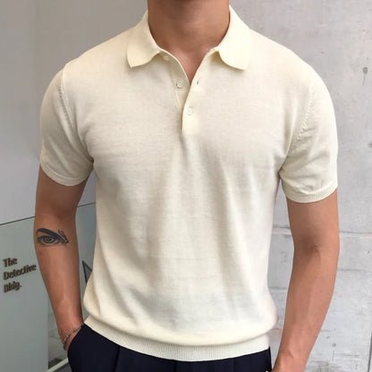 maoxiangshop Summer Simple Solid Color Casual Slim Lapel Polo Knit  Breathable Polo Camisa Hombre British  Men's Shirt Mannen Polo
